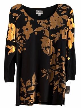 JM Collection NWT Black Copper Foil Floral Top 3/4 Zip Sleeve Side Slit L